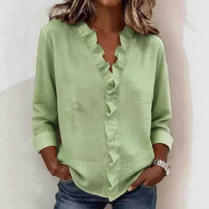 Elegant Cozy Solid Overlapping Ruffle V-neck Long-sleeve Blouse - Light Green - 3XL - image 4