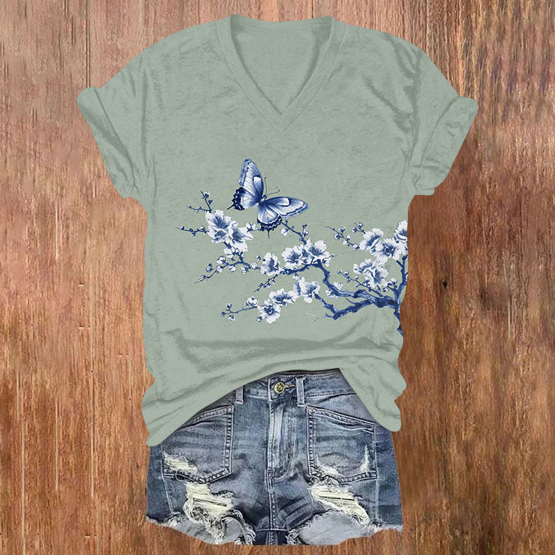 Japanese Blue And White Porcelain Butterfly Print V-neck T-shirt - Light Green - US32-34(5XL) - image 3