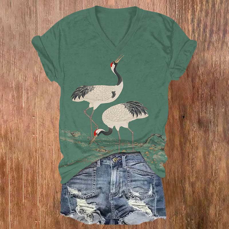 Japanese Elegant White Crane Art Print V-neck T-shirt - Green - US32-34(5XL) - image 2