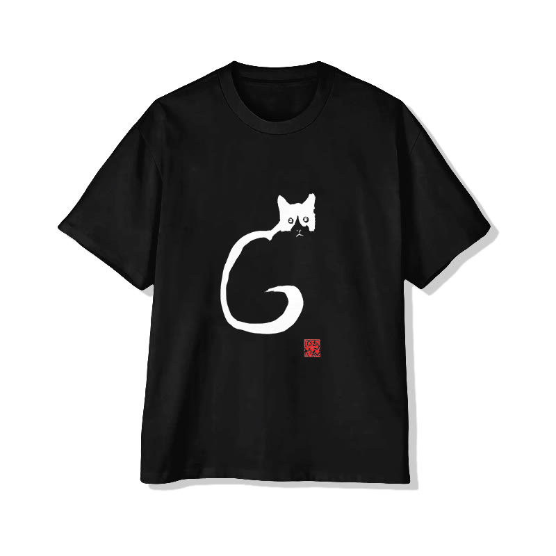 Unisex Japanese Neko Short Sleeve Crew Neck T-shirt - Black - 2XL - image 4