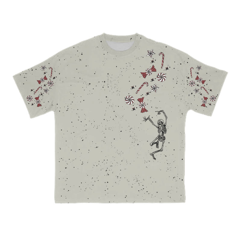 Unisex Dancing Skeleton Candy Christmas Print T-shirt - Grey - 8XL - image 4