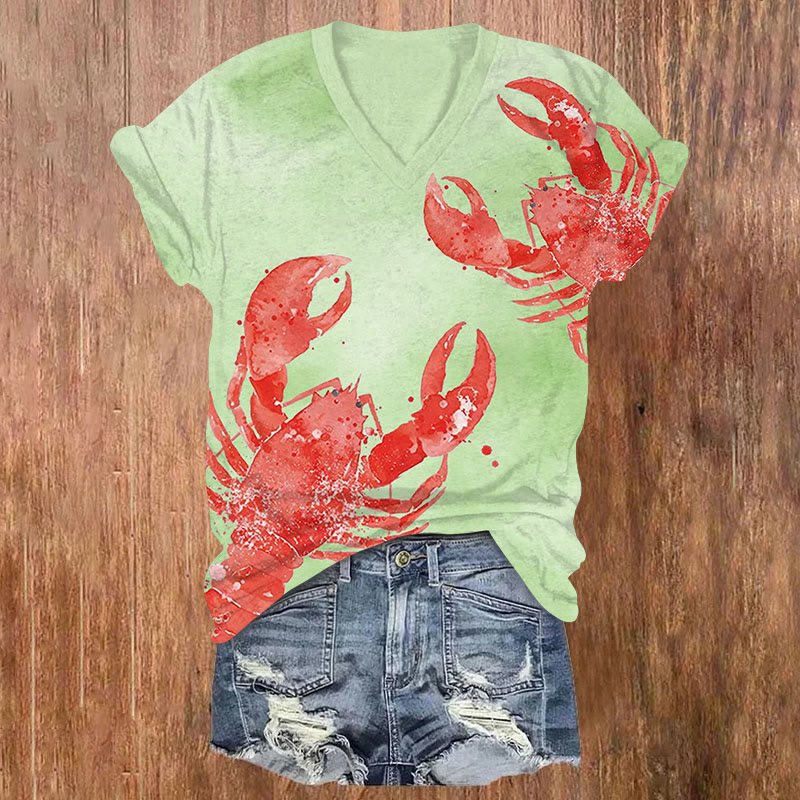 Watercolor Red Lobster Art Print V-neck T-shirt - Green - US32-34(5XL) - image 3