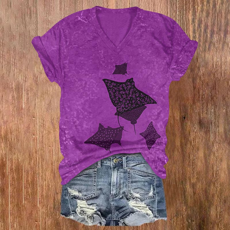 Unique Ocean Manta Ray Art Print V-neck T-shirt - Purple - US32-34(5XL) - image 3