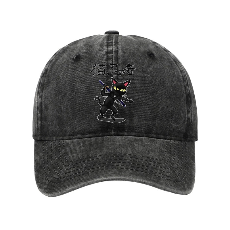 Unisex 100% Cotton Ninja Cat Vintage Print Cap - Black - one size - image 3