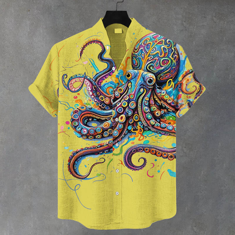 Men's Vintage Rainbow Octopus Print Casual Shirt - Yellow - 5XL - image 4