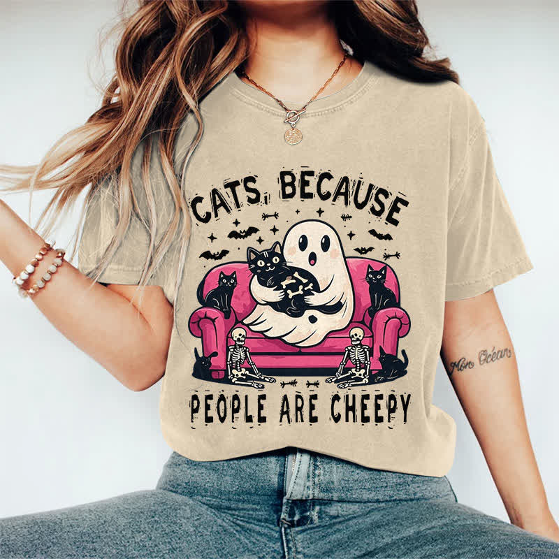 100% Cotton Halloween Ghost Holding Cat Print T-shirt - Apricot - 2XL - image 2