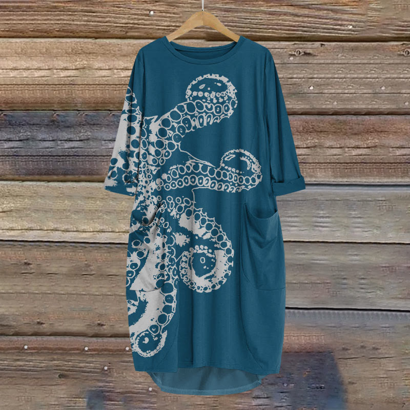 Octopus Asymmetric Print Crew Neck Casual Dress