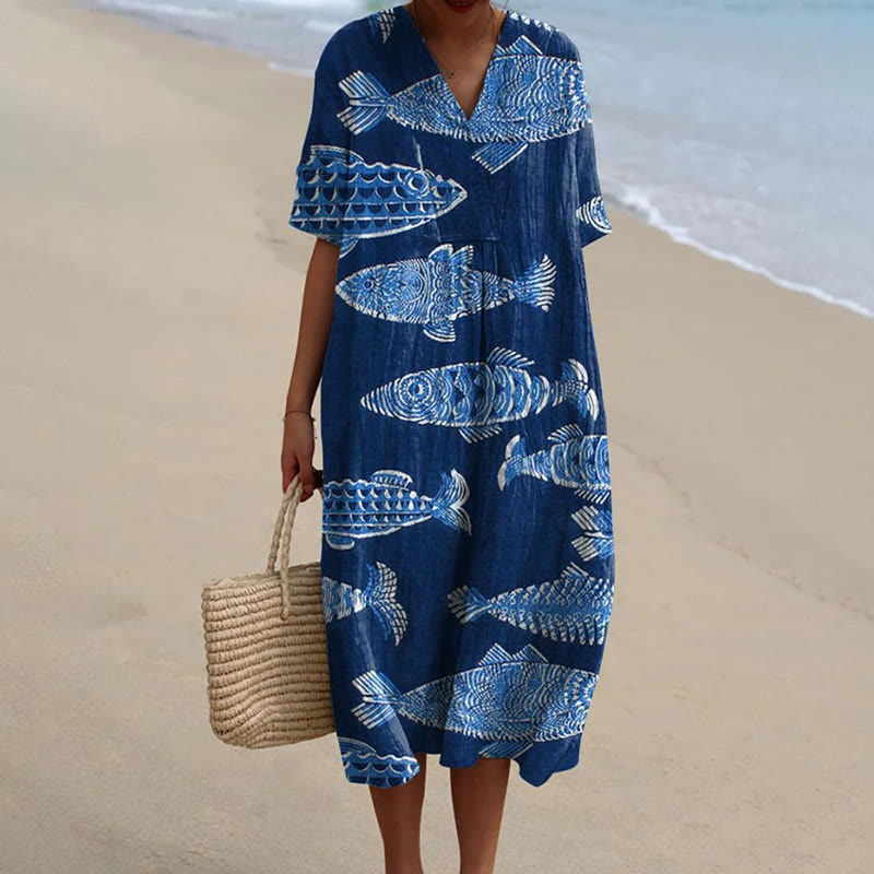 Women's Lovely Abstract Swimming Fish Graffiti Art Print Short-sleeved Midi Dress - Blue - 5XL - image 4