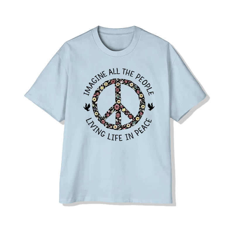 Unisex Imagine All The People Living Life In Peace Pattern Cotton Print T-shirt - Light Blue - US20-22(3XL) - image 8
