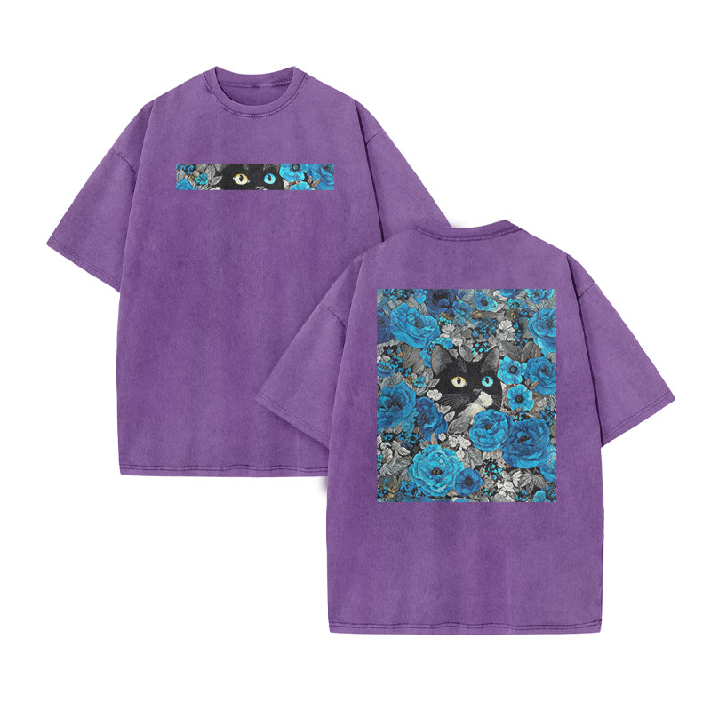 A Black Cat In A Field Of Blue Flowers Print Acid Washed T-shirt - Purple - US20-22(3XL) - image 10