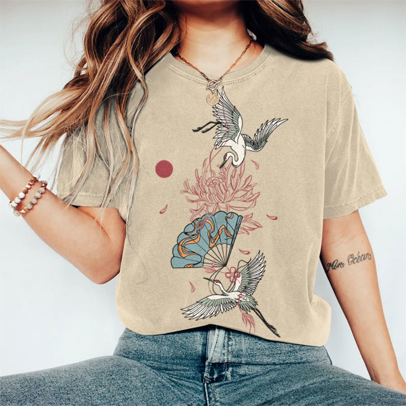 100% Cotton Women's Japanese Crane Floral Fan Art Print Casual T-shirt - Khaki - 2XL - image 3