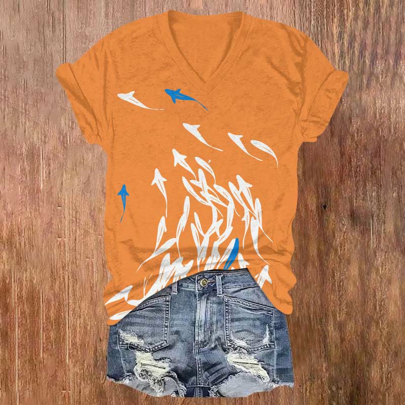 Vintage Abstract Whale Shark Art Print V-neck T-shirt - Orange - US32-34(5XL) - image 4
