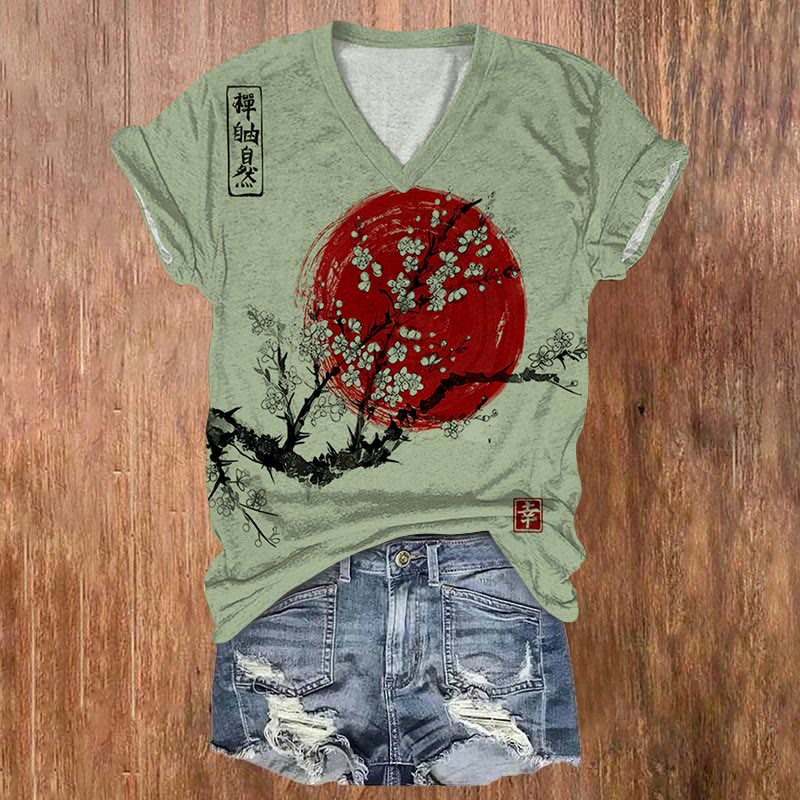 Women's Sunrise Japanese Art Print Casual V-neck T-shirt - Green - 5XL - image 4