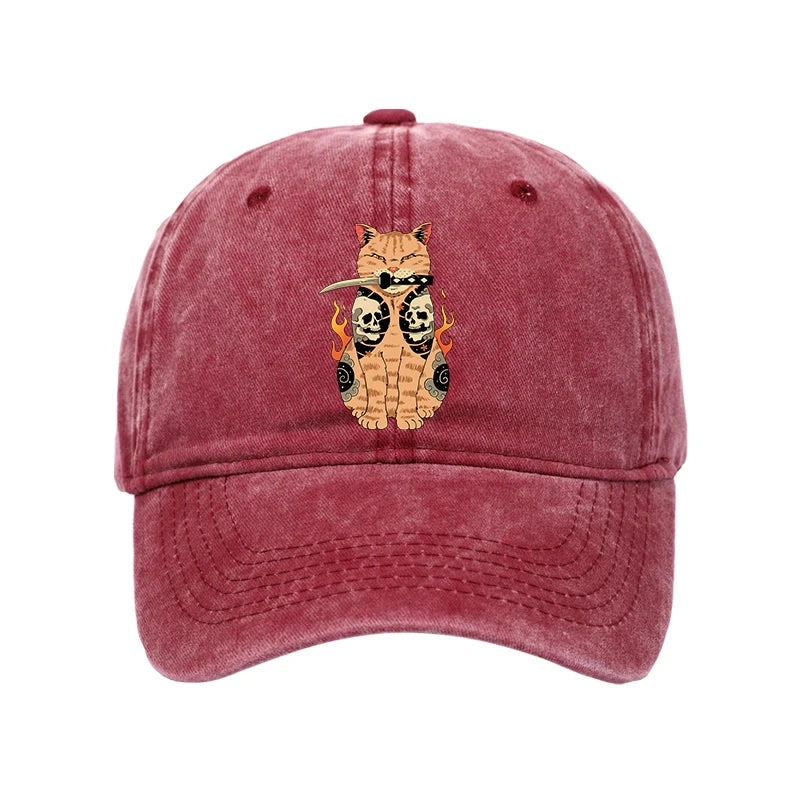 Unisex 100% Cotton Catana Cat Skull Tattooed Samurai Vintage Print Cap - Rose - one size - image 6