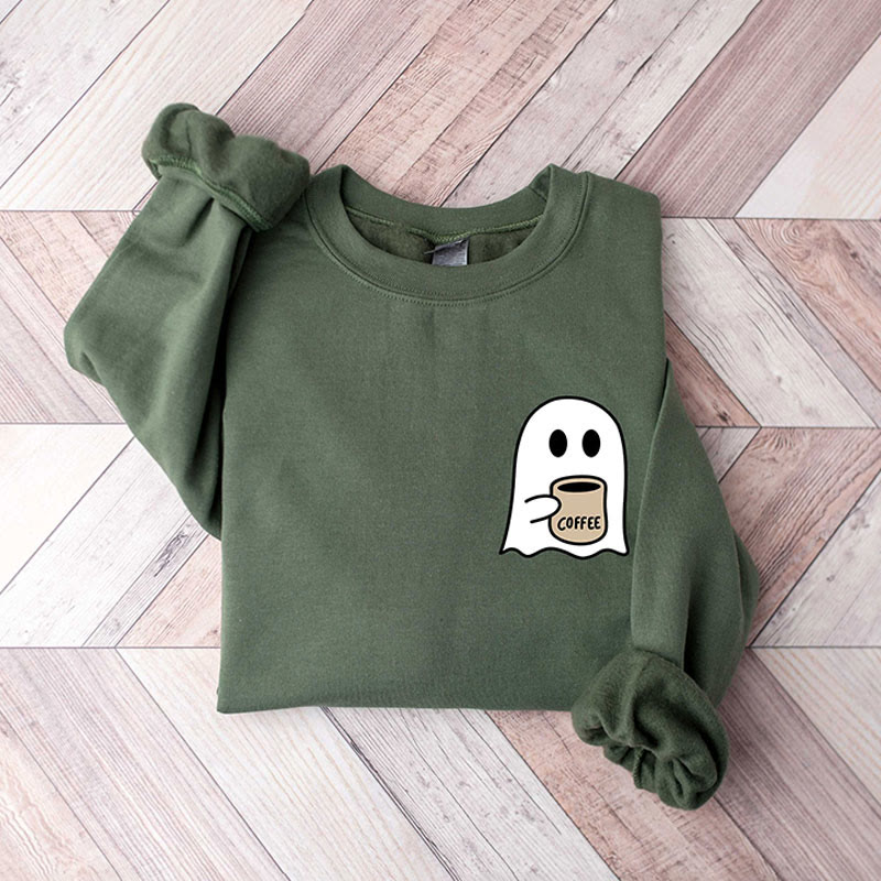 Plus Size Cute Ghost Coffee Sweatshirt Women Ghost Sweatshirt Ghost Season - Green - 5XL - image 4