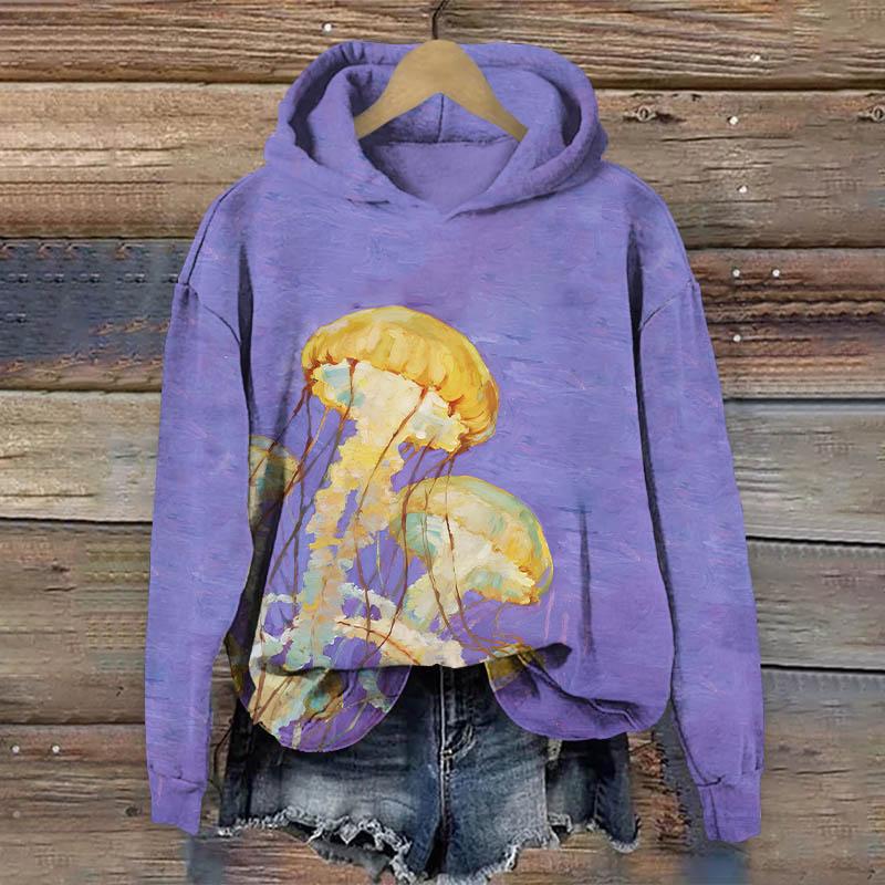 Oil Painting Lovely Jellyfish Print Long Sleeve Hoodie - Purple - US44-46(8XL) - image 2