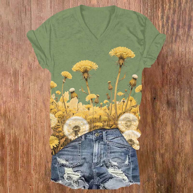 Japanese Vintage Sunflower & Dandelion Art Print V-neck T-shirt - Green - US32-34(5XL) - image 4