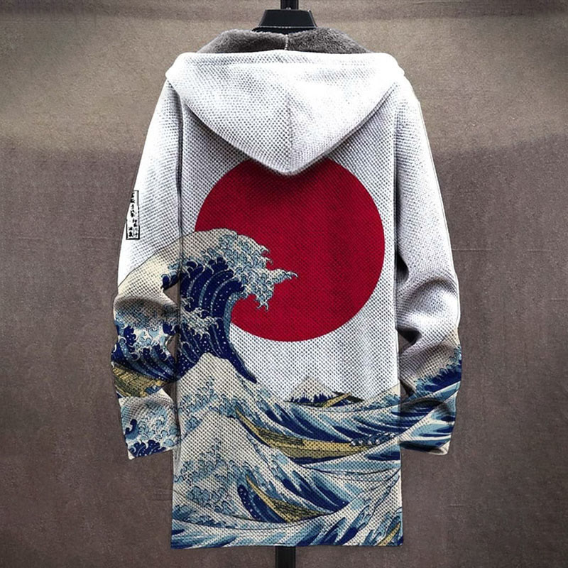 Retro Japanese Red Sun Wave Print Unisex Plush Thick Long-sleeved Fleece Jacket - image 2