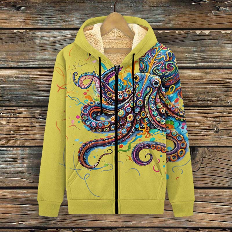 Vintage Rainbow Octopus Art Print Print Fleece Jacket - Yellow - 4XL - image 5