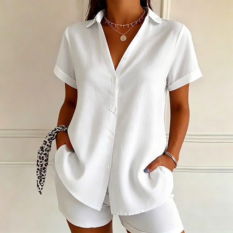 Elegant Solid Button-front Short Sleeve Blouse - White - US 22 (4XL) - image 3