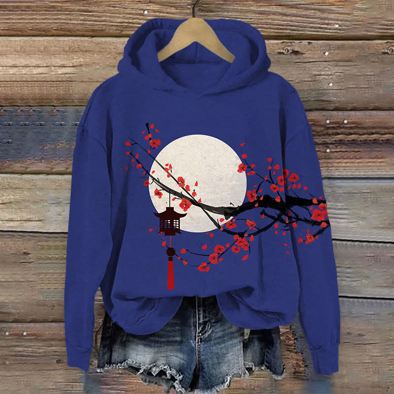 Japanese Sun & Lantern On Plum Blossom Art Print Long Sleeve Hoodie - Blue - US44-46(8XL) - image 2