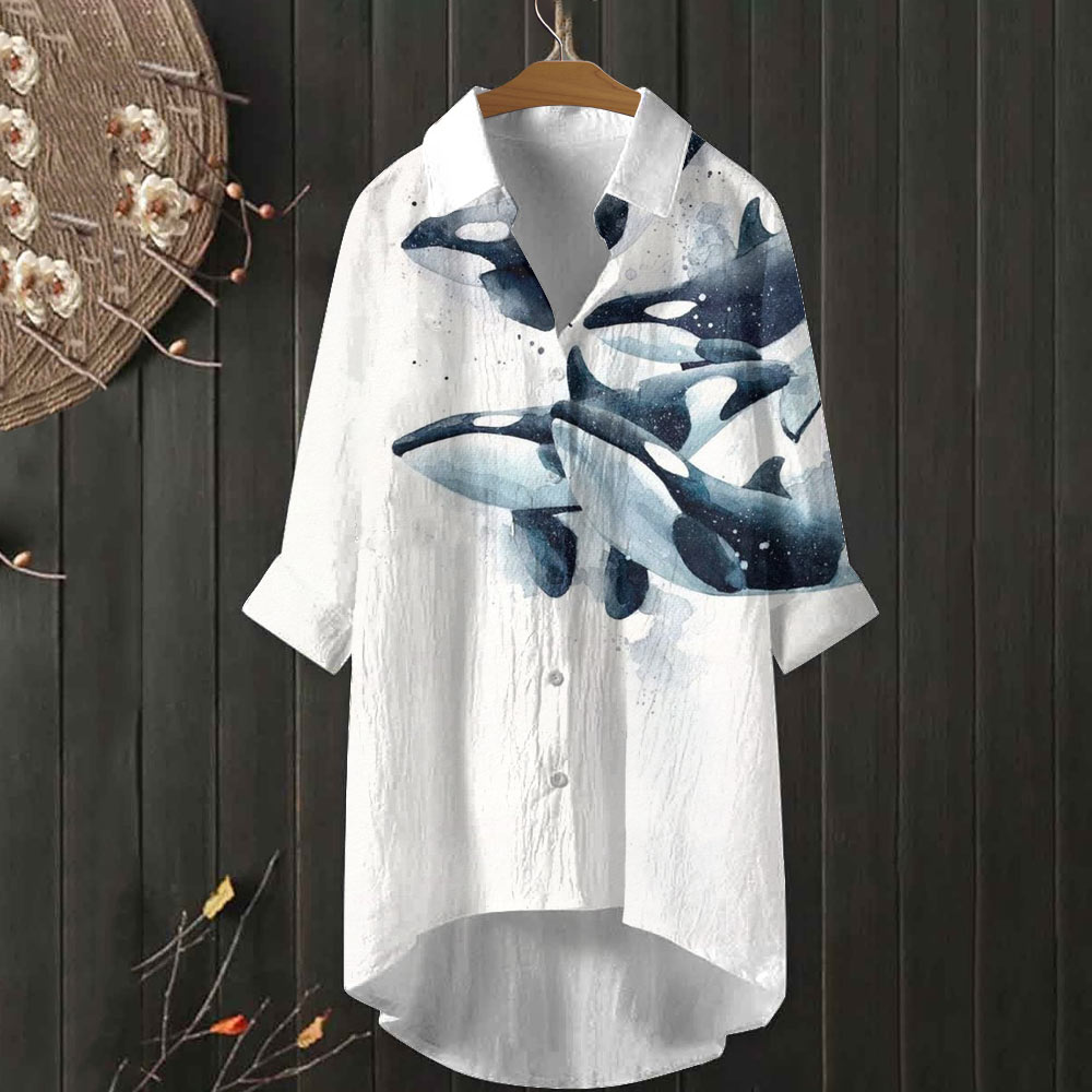 Watercolor Killer Whales Print Casual Shirt 