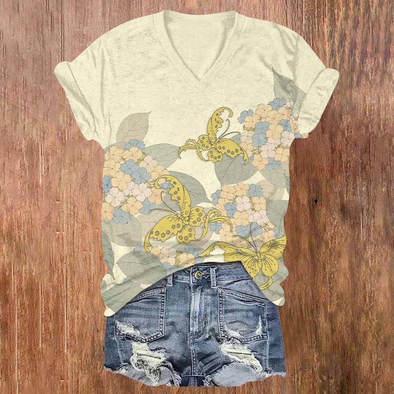 Japanese Cartoon Bouquet & Butterfly Art Print V-neck T-shirt - Beige - US32-34(5XL) - image 5