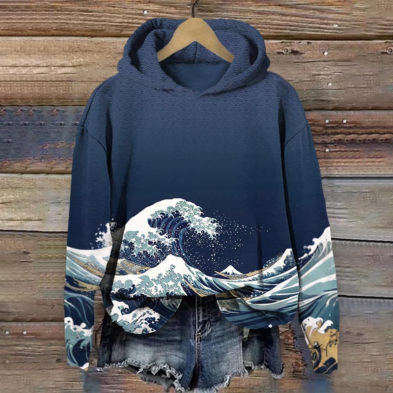 Wave Japanese Art Print Long Sleeve Hoodie - Blue - 8XL - image 1