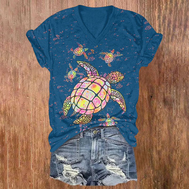 Fantasy Colorful Sea Turtle Art Print V-neck T-shirt - Blue - US32-34(5XL) - image 2