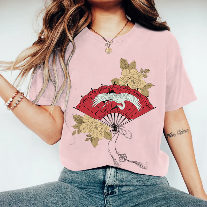 100% Cotton Women's Japanese Style Floral Crane Fan Art Print Casual T-shirt - Pink - 2XL - image 3