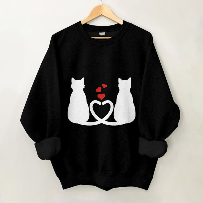 100% Cotton Valentine's Day Cat Hearts Print Crew Neck Sweatshirt - Black - 2XL - image 4