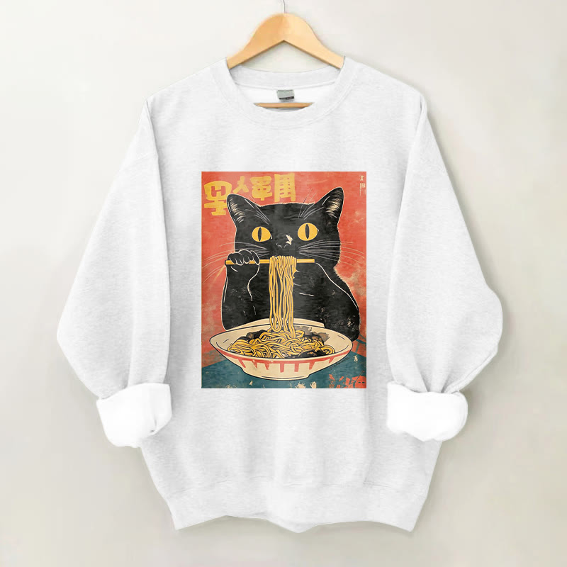 100% Cotton Japanese Cat Eating Ramen Print Crew Neck Sweatshirt - White - 2XL - image 4
