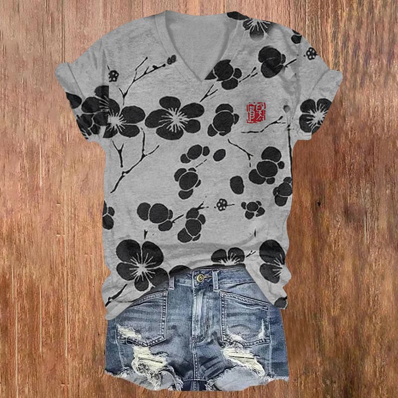 Cherry Blossom Japanese Lino Art Vintage Print Casual V-neck T-shirt