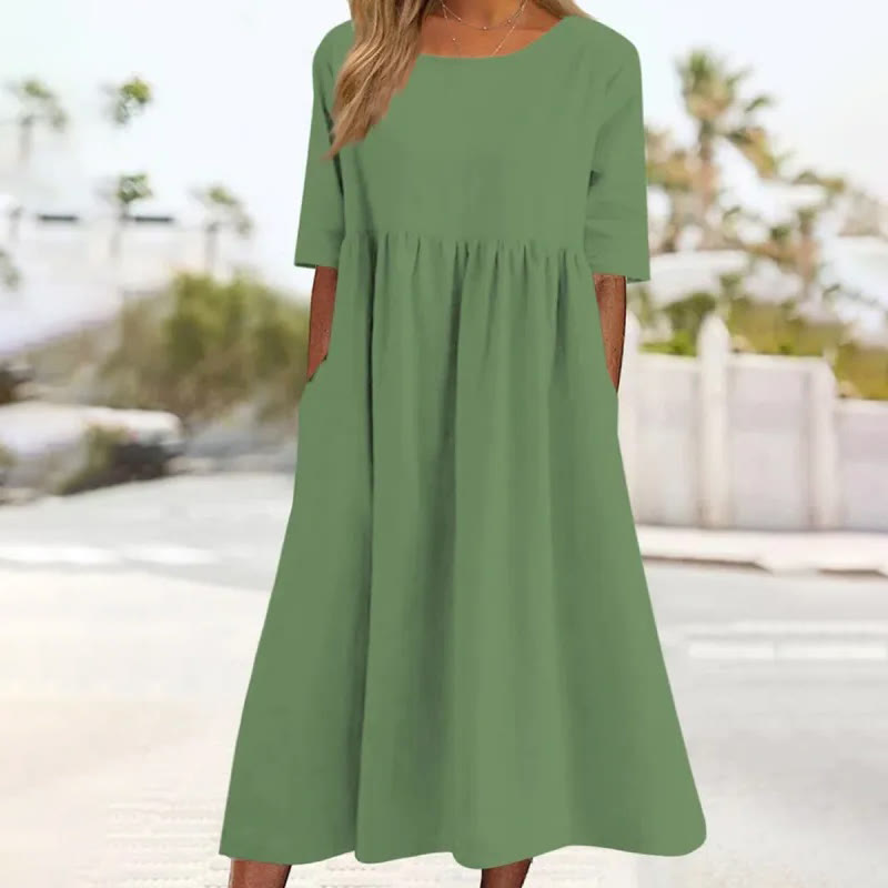 Elegant Solid Round-neck Short-sleeve Midi Dress - Light Green - 5XL - image 3