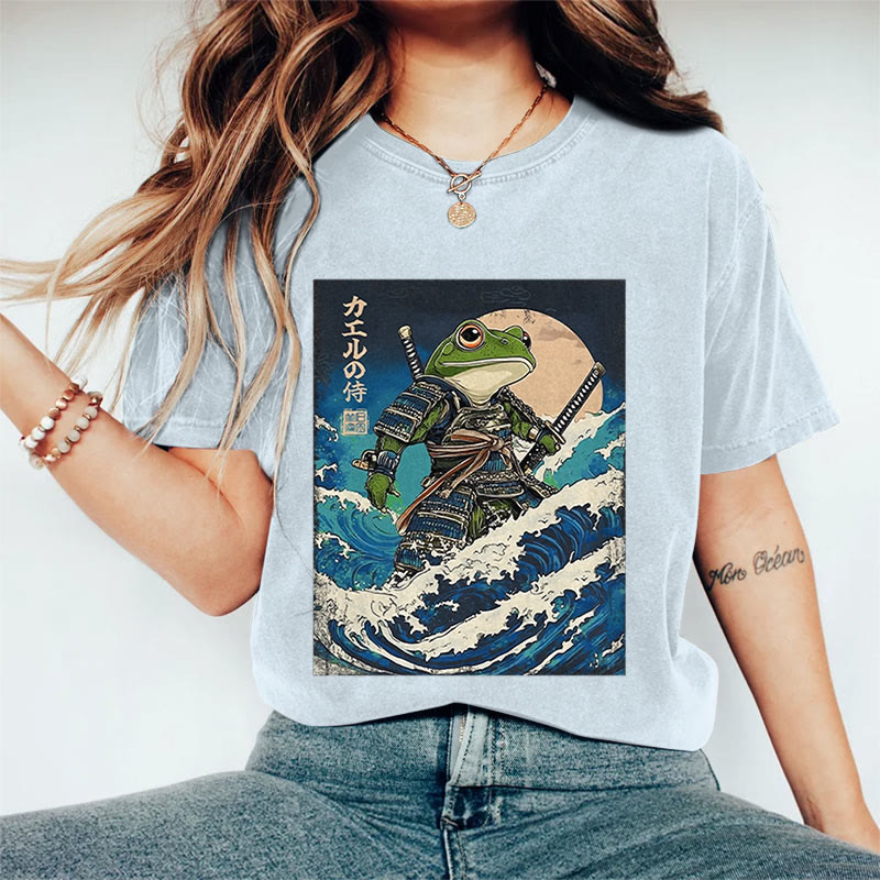 100% Cotton Women's Japanese Ocean Wave Samurai Frog Art Print Casual T-shirt - Blue - 2XL - image 8