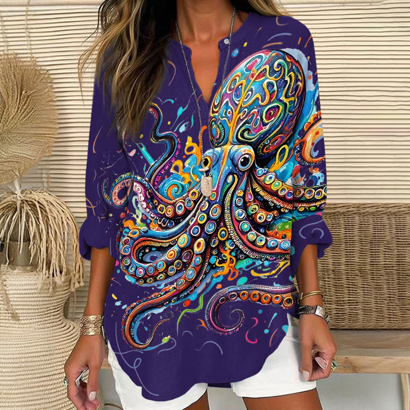 Vintage Rainbow Octopus Art Print V Neck Long Sleeve Blouse - Purple - 8XL - image 7