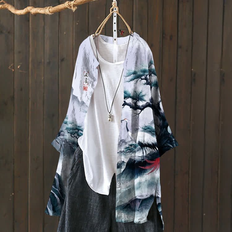 Japanese Vintage Pine And Crane Pattern Print Cardigan - image 4