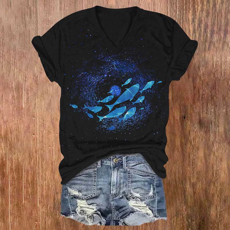 Fish And Starry Sea Design Print V-neck T-shirt - Black - US32-34(5XL) - image 2