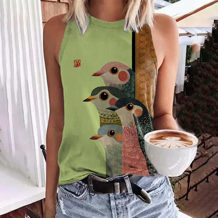 Japanese Retro Rainbow Birds Pattern Print Crew Neck Tank Top - Mint - 5XL - image 5