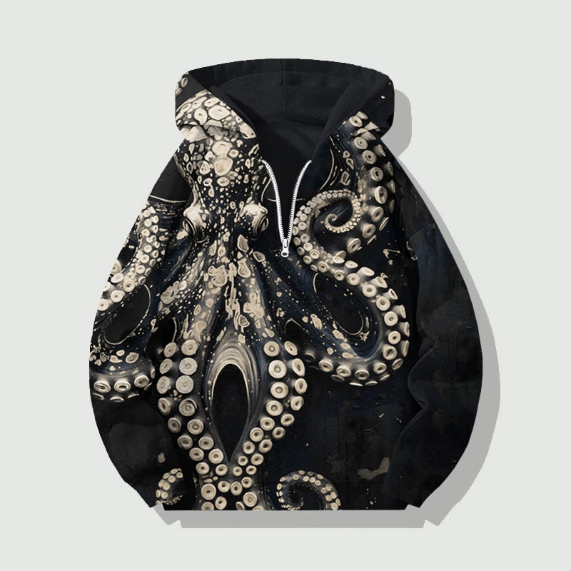 Unisex Vintage Octopus Art Print Half Zip Hoodie - White - US32-34(5XL) - image 4