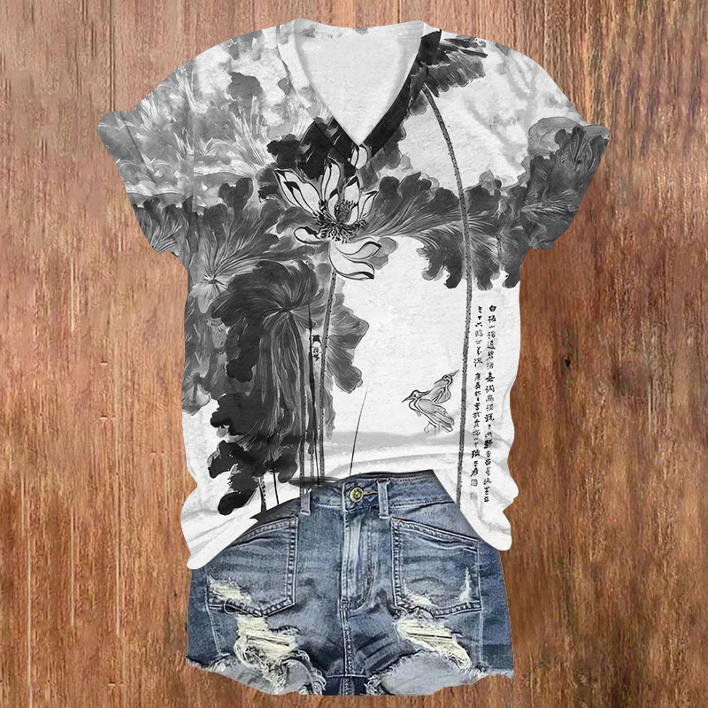 Vintage Elegant Ink Painting Lotus Art Pattern Print Short Sleeved V-neck T-shirt - Black - US32-34(5XL) - image 3