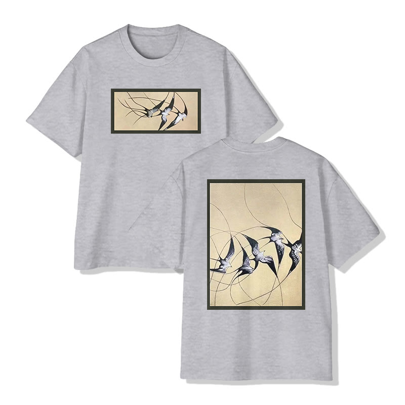 Unisex Japanese Zen-inspired Swallow Motif Art Pattern Cotton Print T-shirt - Grey - US20-22(3XL) - image 4
