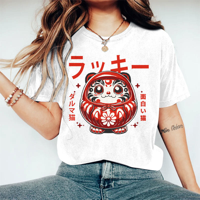 100% Cotton Women's Japanese Cute Cat Decoration Art Print Casual T-shirt - White - 2XL - image 3