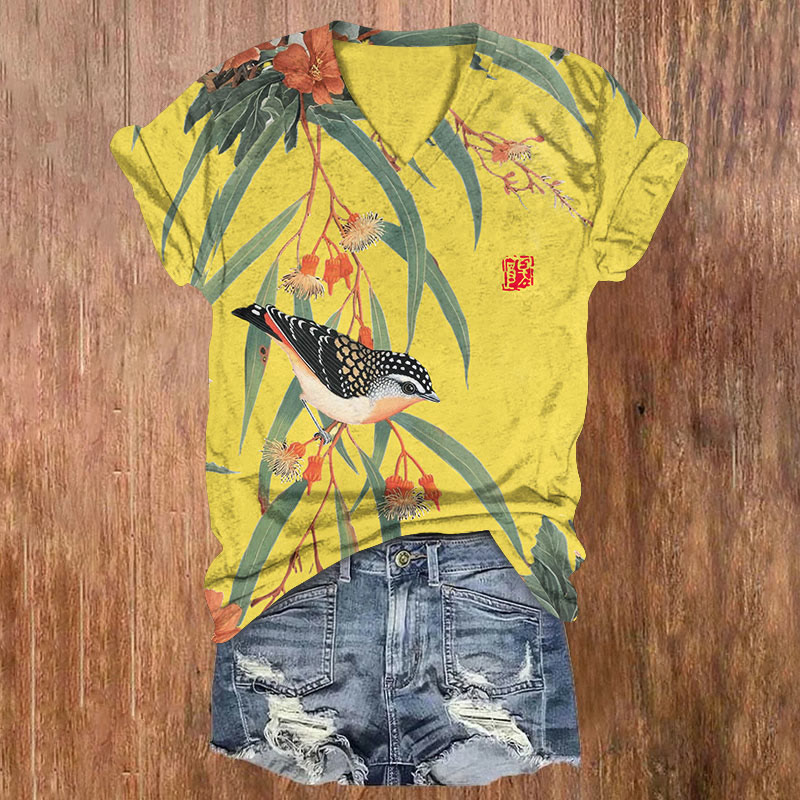 Japanese Vintage Little Bird Pattern Print Short Sleeved V-Neck T-Shirt - Yellow - US32-34(5XL) - image 4