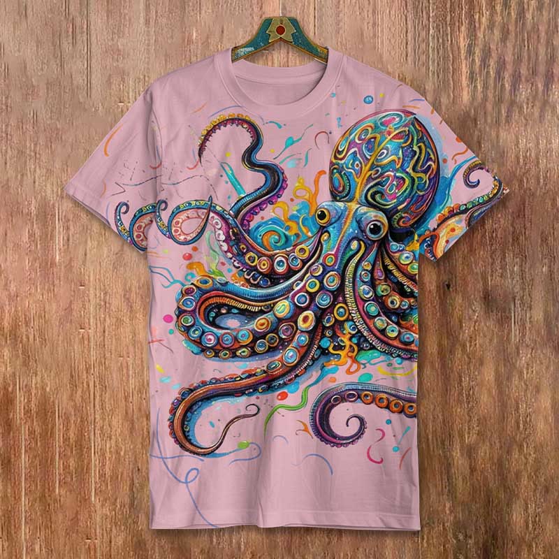 Vintage Rainbow Octopus Art Print Men's Casual T-shirt - Pink - 8XL - image 3