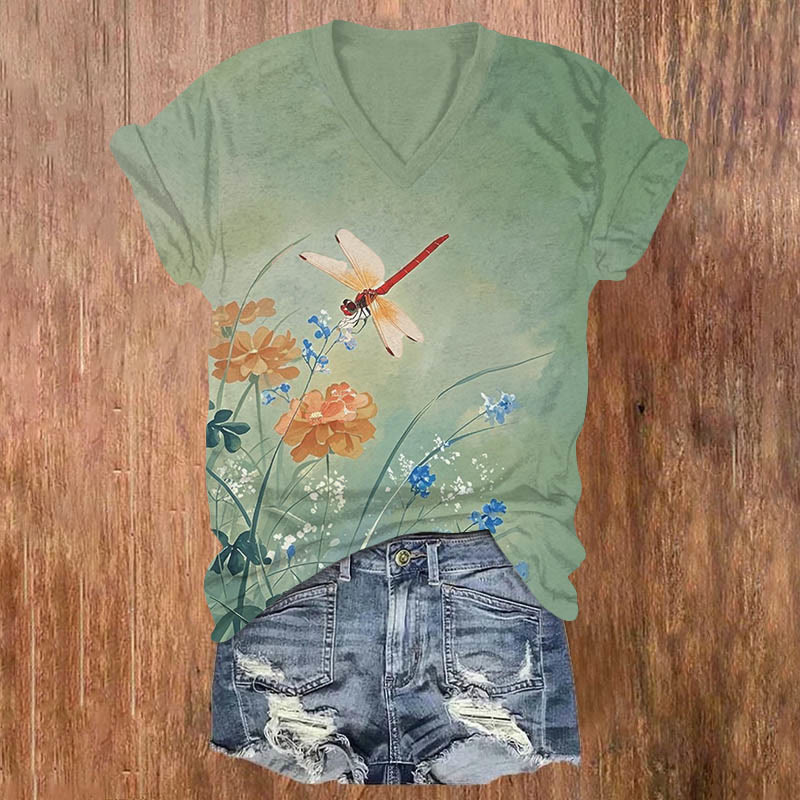 Romantic Dragonfly & Floral Art Print V-neck T-shirt - Green - US32-34(5XL) - image 2