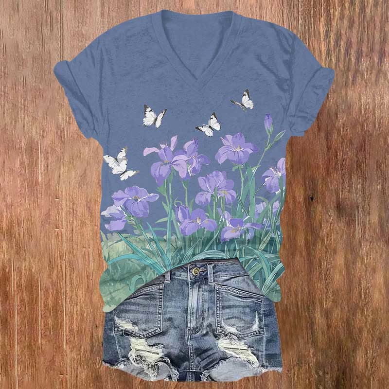 Watercolor Butterfly Flying Upon Morning Glory Print V-neck T-shirt - Blue - US32-34(5XL) - image 2