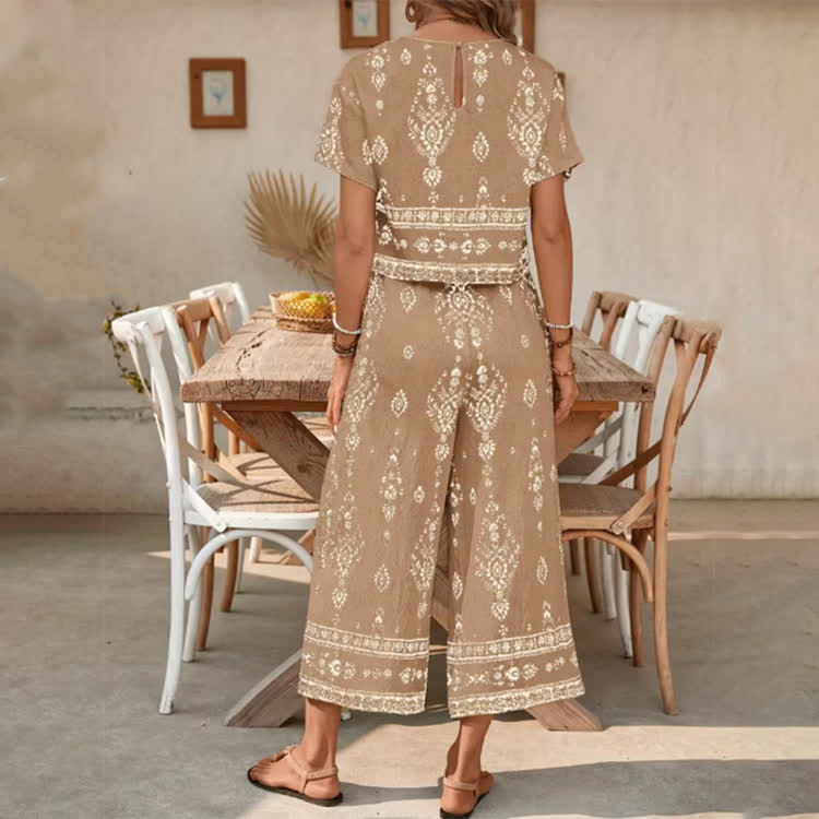 Vacation-style Ethnic Print Short-sleeve Round-neck Shirt & Pants - image 5