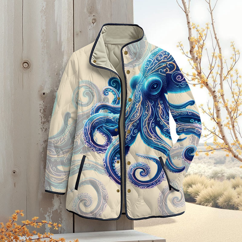 Vintage Wise Ocean Octopus Printouterwear Jackets - Apricot - 4XL - image 4