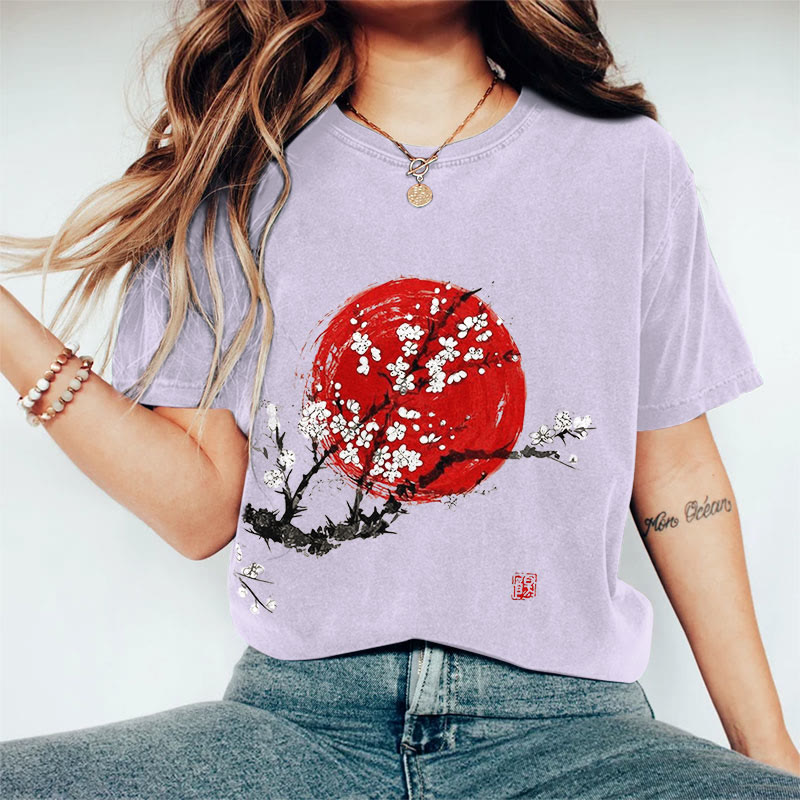 100% Cotton Women's Sunrise Japanese Art Print Casual T-shirt - Purple - 2XL - image 6